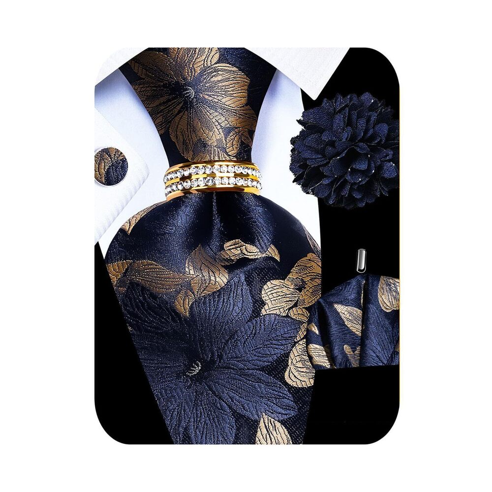 4038 5PCS Silk Navy Blue Floral Designer Tie Pocket Square Cufflinks